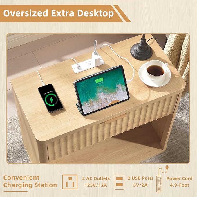 LEYAOYAO 31" Wide Fluted Nightstand Set of 2 with Charging Station, Oversized Extra Large 1 Drawer Night Stand with Golden Handle, Natural Wood Bedside Table Tall End Tables,for Bedroom, Living Room
