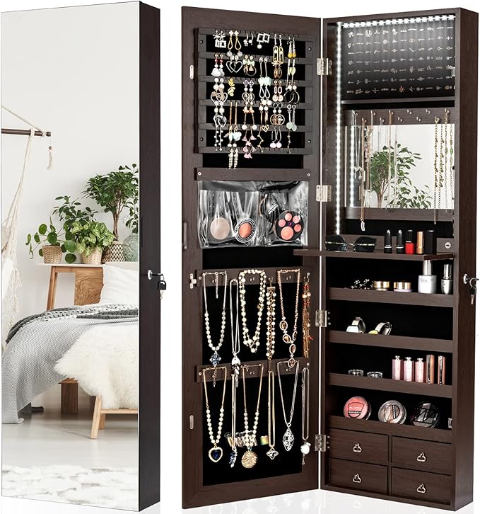 CHARMAID LED Strip Jewelry Armoire with 47.2" H Full Length Mirror, Wall Door Mounted Jewelry Organizer Cabinet with Built-in Mirror, Flip-over Cosmetic Tray, 4 Drawers (Coffee)