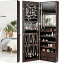 CHARMAID LED Strip Jewelry Armoire with 47.2" H Full Length Mirror, Wall Door Mounted Jewelry Organizer Cabinet with Built-in Mirror, Flip-over Cosmetic Tray, 4 Drawers (Coffee)
