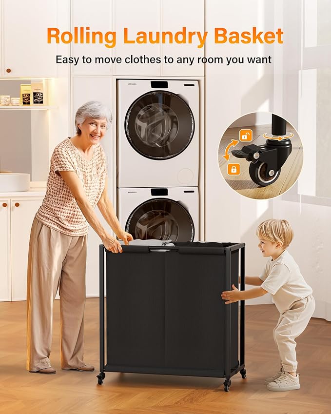 Laundry Sorter 2 Section: Laundry Hamper Basket with Shelf and Wheels - Rolling Laundry Basket Organizer with Pull-Out Cart - Clothes Hamper for Laundry Room Bathroom Bedroom