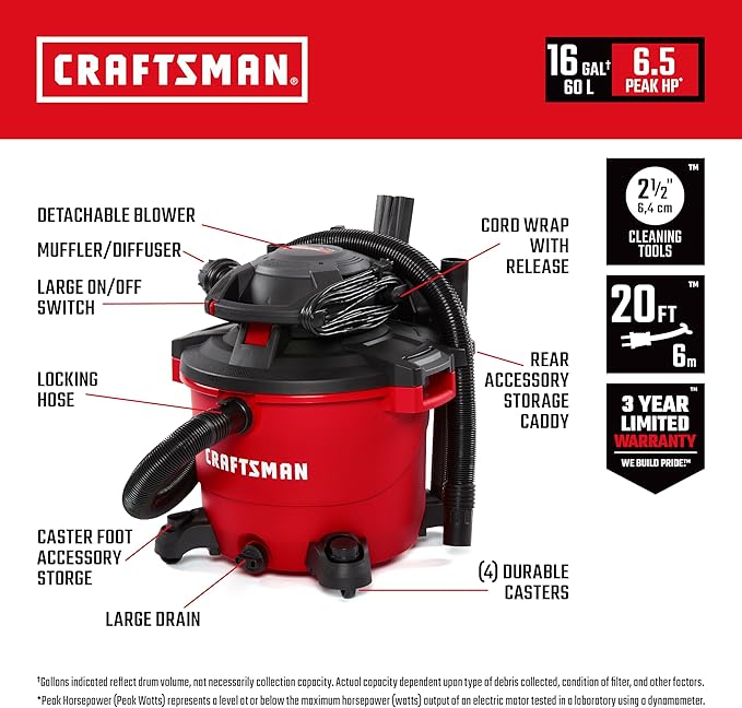 Craftsman CMXEVBE17607 16 Gallon 6.5 Peak HP Wet/Dry Vac with Detachable Leaf Blower, Heavy-Duty Shop Vacuum with Attachments and Dust Collection Bags