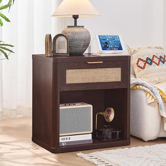 LEYAOYAO Rattan Nightstands Set of 2 with Charging Station, Walnut Night Stand with Drawer, 23" Wide Boho Bedside Table with Storage Shelf, Bed Side End Tables for Bedroom, Living Room, Hallway