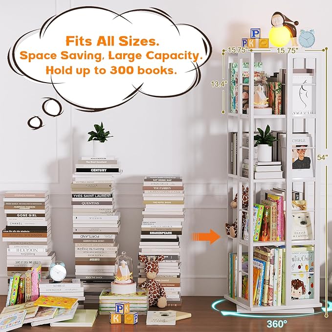 Aheaplus Rotating Bookshelf, 4-Tier Corner Bookshelf, 360 Display Wood Spinning Bookshelfs, Floor Standing Bookcase Narrow Shelf Revolving Organizer Storage Rack for Small Space, Study Room, White