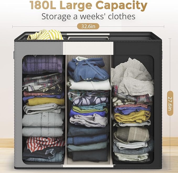 180L Laundry Hamper 3 Section, Large Laundry Basket with Lid, Laundry Basket Organizer with Handles, Divided Laundry Baskets, Clothes Hampers for Laundry, Bedroom, Bathroom