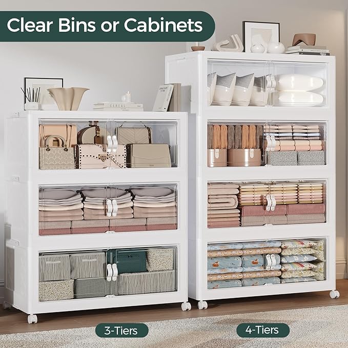 1100QT Extra Large Stackable Storage Bins with Lid, 275Gal Collapsible Closet Organizer Box with Wheels, Folding Plastic Storage Cabinet with Doors for Home Kitchen Office Dorm, 5Pack White