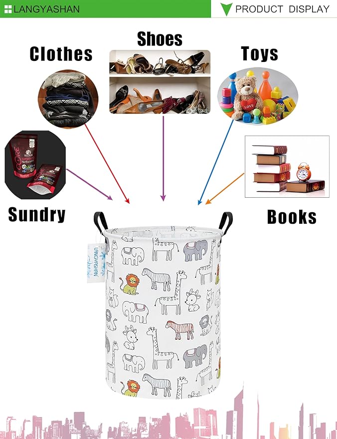 LANGYASHAN Laundry Basket Canvas Fabric Collapsible Organizer Basket for Storage Bin Toy Bins Gift Baskets Bedroom Clothes Children Nursery Hamper (Animals)