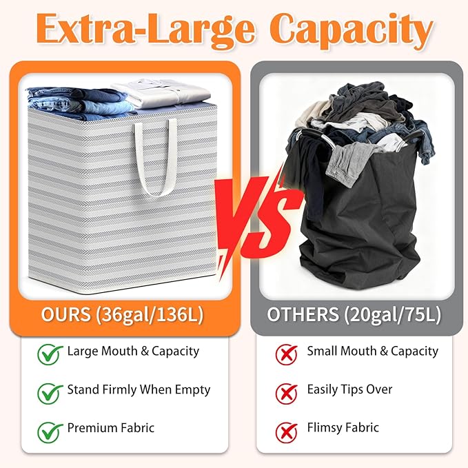 XXXL 36gal(136L) Large Laundry Basket, Laundry Hamper 2 Section with Reinforced Handles, Waterproof Collapsible Clothes Hamper for Bedroom Laundry Room Dorm Bathroom