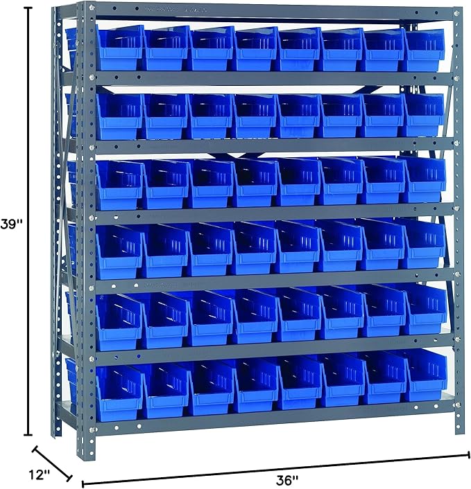 Quantum Storage Systems 1239-101BL Steel Shelving Unit with 4" Shelf Bins, 12" D x 36" W x 39" H, Blue
