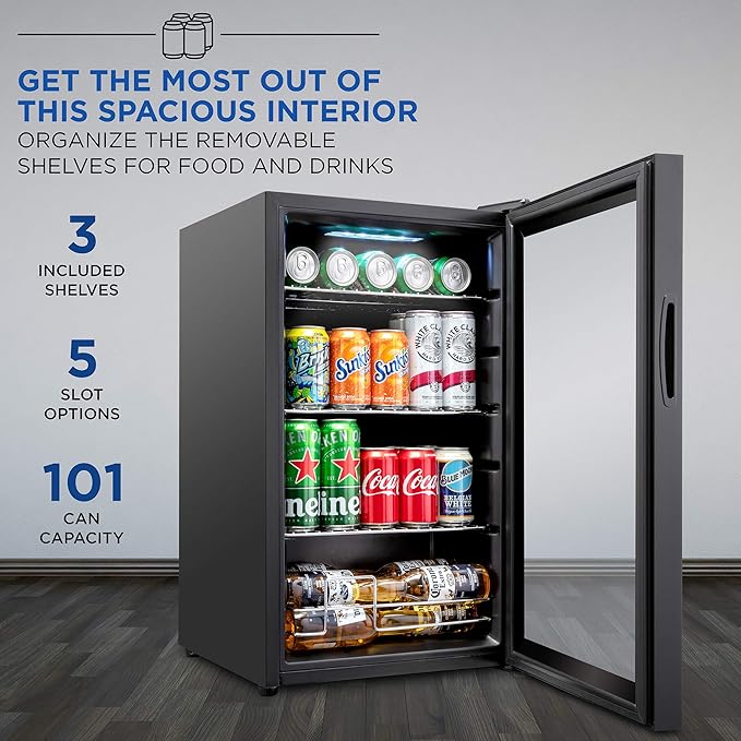 Ivation 101 Can Beverage Refrigerator , Freestanding Ultra Cool Mini Drink Fridge , Beer, Cocktails, Soda, Juice Cooler for Home and Office , Reversible Glass Door and Adjustable Shelving - Black,IVABC1010B