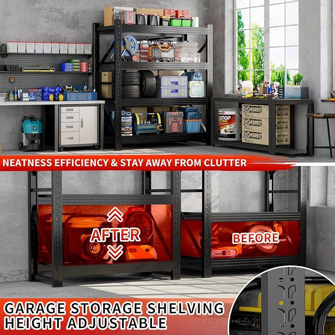 4000LBS Garage Storage Shelves, 47" W Garage Shelving Heavy Duty Adjustable Shelving Unit, 4 Tier Metal Utitly Shelves Industrial Shelving for Warehouses,Basement,Black