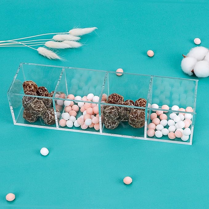 dedoot Acrylic Drawer Organizer 4-Section Clear Plastic Makeup Organizer Storage Container Acrylic Cube for Vanity Makeup Brush, Beauty Accessories-10x2.5x2.3 Inch
