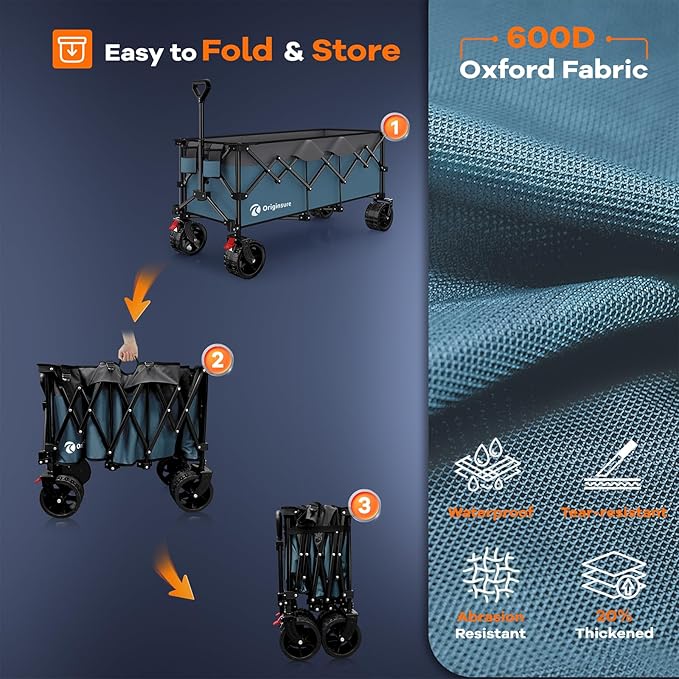 48" L Folding Beach Wagon Cart Foldable, 560lbs Weight Capacity 300L Heavy Duty Collapsible Wagons with Big All-Terrain Wheels, Utility Carts for Groceries, Shopping, Camping, Sports - Grey&Blue