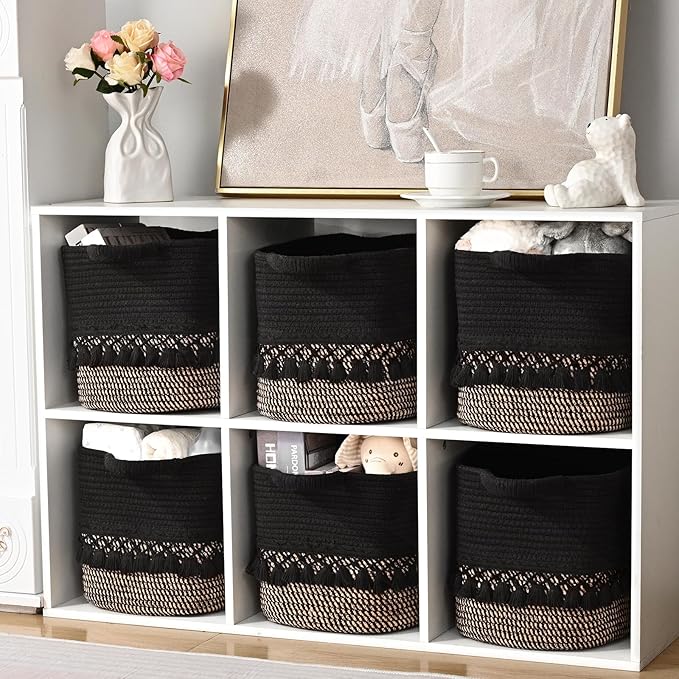 2 Pack Storage Basket for Shelves, Boho Cotton Rope Storage Bins with Heavy Tassel, Shelf Baskets Large Woven Baskets for Organizing, Cube Organizer Bins, Baby Laundry Basket for Clothes, Toys, Pets