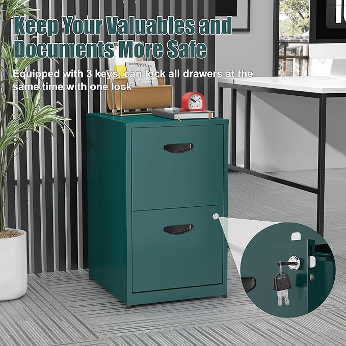 2 Drawer File Cabinet, Metal Two Drawer Vertical File Cabinets with Lock, 18" D Storage Filing Cabinet for Home Office, Steel Light Duty Storage for Letter-Size Files, Green, Assembly Required