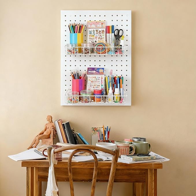 G.CORE Large Peg Board Baskets - 2 Pack Metal Shallow Tray Shelves for 1/4 Pegboards - Spray Bottle Holders Can Organizers for Garage Workbench Shop Hobby Craft Tool Organization (White)