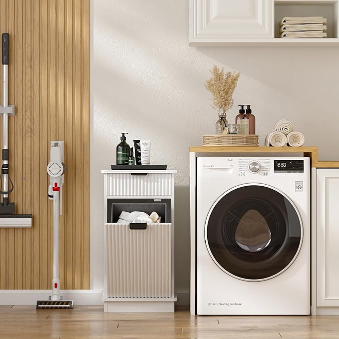 White Tilt Out Laundry Hamper Cabinet Hidden Laundry Hamper Cabinet with Drawers and Baskets for Bathroom Hamper with Storage for Kitchen Bedroom,16x16x30in