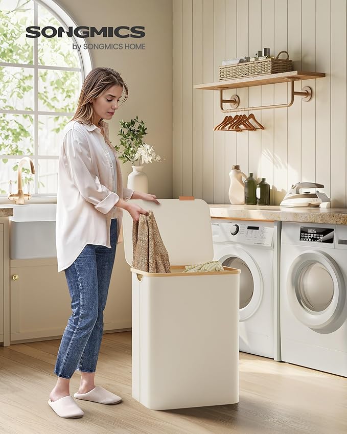 SONGMICS Laundry Hamper with Lid, 2-Section Large Laundry Basket, 34.3-gallon (130L), Removable Mesh Liner, Bamboo Handles, Collapsible, 20.5 x 15.2 x 27.8 Inches, Cream White ULCB513W01