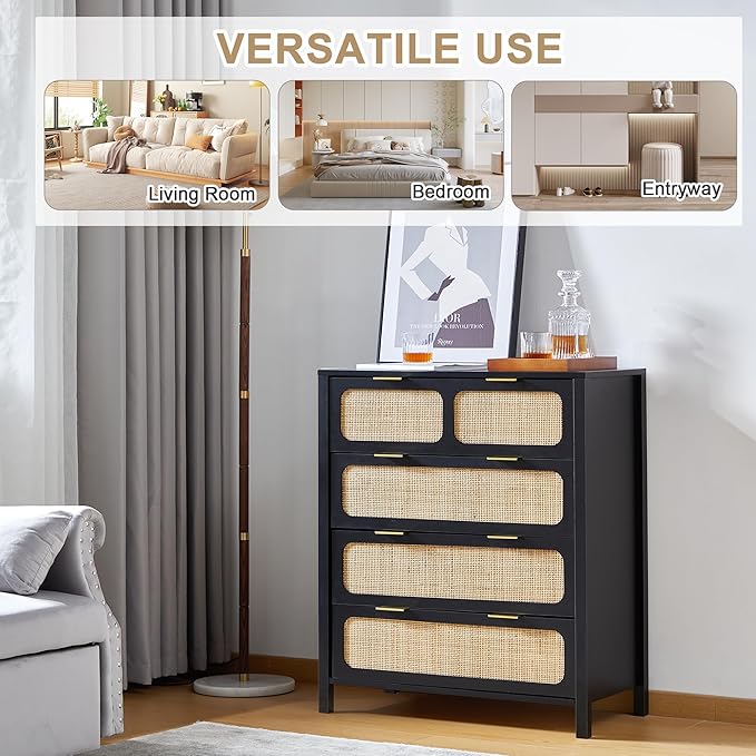 4 Drawer Dresser with Rattan Finish, Modern Farmhouse Chest of Drawers with Metal Handles, Accent Wood Storage Cabinet for Bedroom, Living Room (Black-4 Drawers)