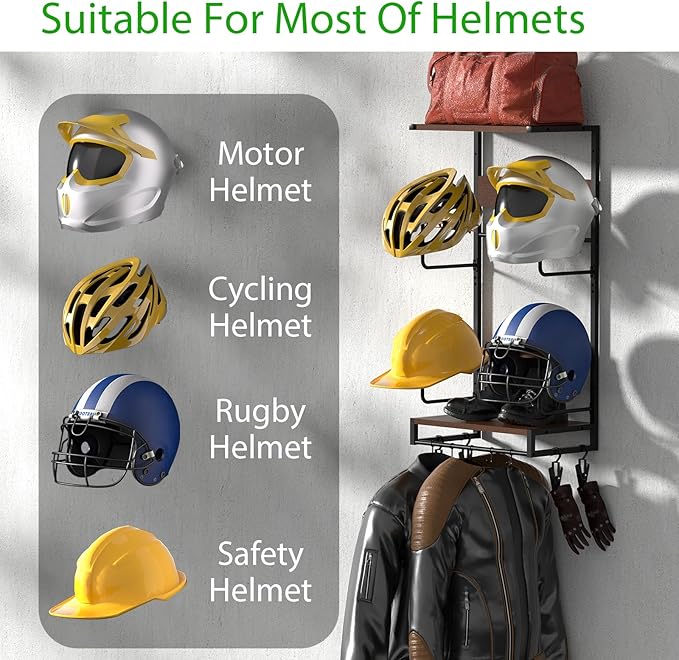 EleganceX Motorcycle Helmet Storage - Helmet Rack Wall Mount with 2 Tiers Storage Boards, 4 Hat Stands, 4 Glove Clips,5 Key Hooks Motorcycle Helmet Holder for Gear Accessories, Clothes, Gloves
