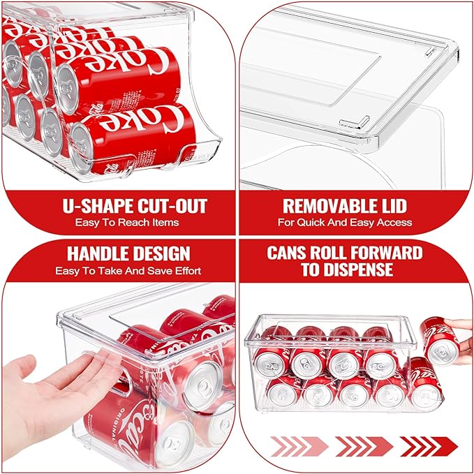 2 Pack Stackable Refrigerator Organizer, Soda Can Dispenser Pop Cans Container Beverage Holder with Lid for Fridge, Freezer, Kitchen, Clear Plastic Storage Bins-Holds 10 Cans Each (Clear)