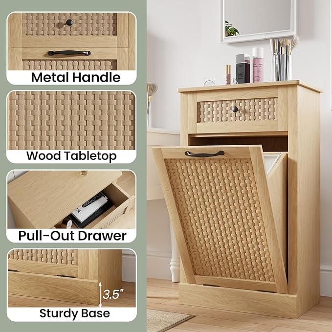 Tilt Out Laundry Hamper Cabinet,10 Gallon Laundry Cabinet with Drawers ＆ Hidden Baskets, Farmhouse Storage Basket for Laundry Room, Bathroom, Kitchen, Wood