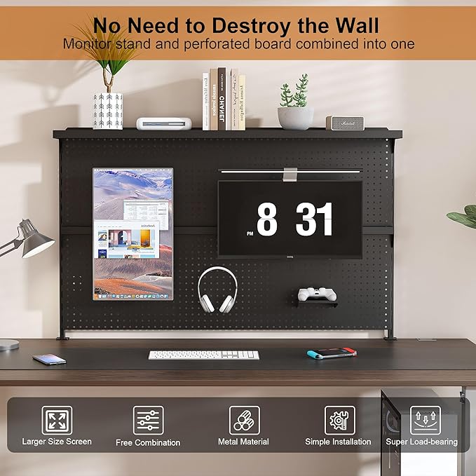 KEIKI Metal Pegboard Desk Organizer with Dual Monitor Stand, 59" x 35" Large Desk Peg Board with Hooks & Movable Panel, Office Organization and Storage Shelf for Gaming or Workstation Setup, Black