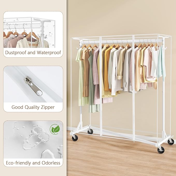 Hoctieon Z Clothes Rack with Cover, Metal Heavy Duty Clothing Rack, Rolling Garment Rack with Wheels, with Dustproof Cover Waterproof Protector, with 2 Durable Zippers, for Hanging Clothes, White