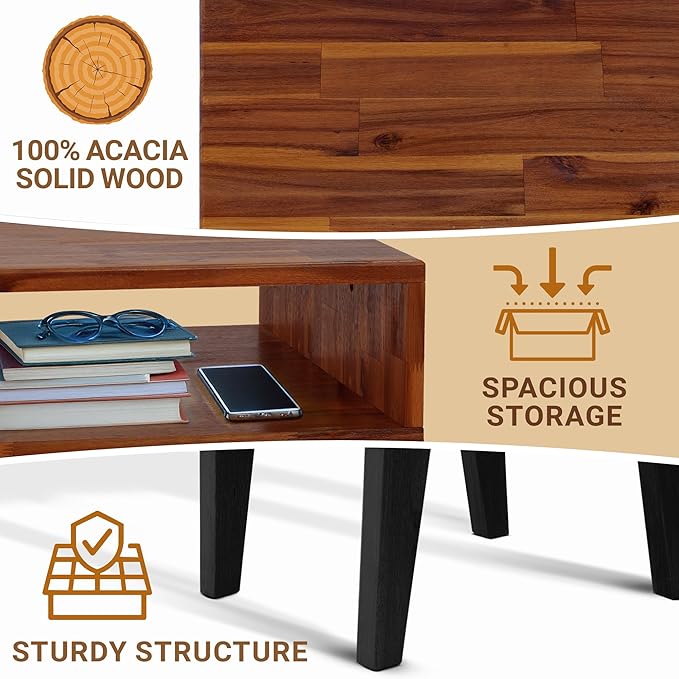 Acacia Serena Nightstand Solid Wood Nightstand with Open Storage Shelf, Wood Bedside Table, Night Stands for Bedroom - Americano