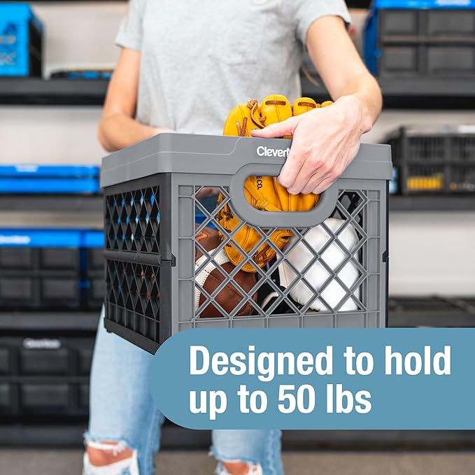 CleverMade Collapsible Milk Crate, Stone, 3PK - 25L (6 Gal) Stackable Storage Bins, Holds 50lbs Per Bin - Clevercrates are Heavy Duty, Plastic Collapsible Storage Crate for Multi Purposes