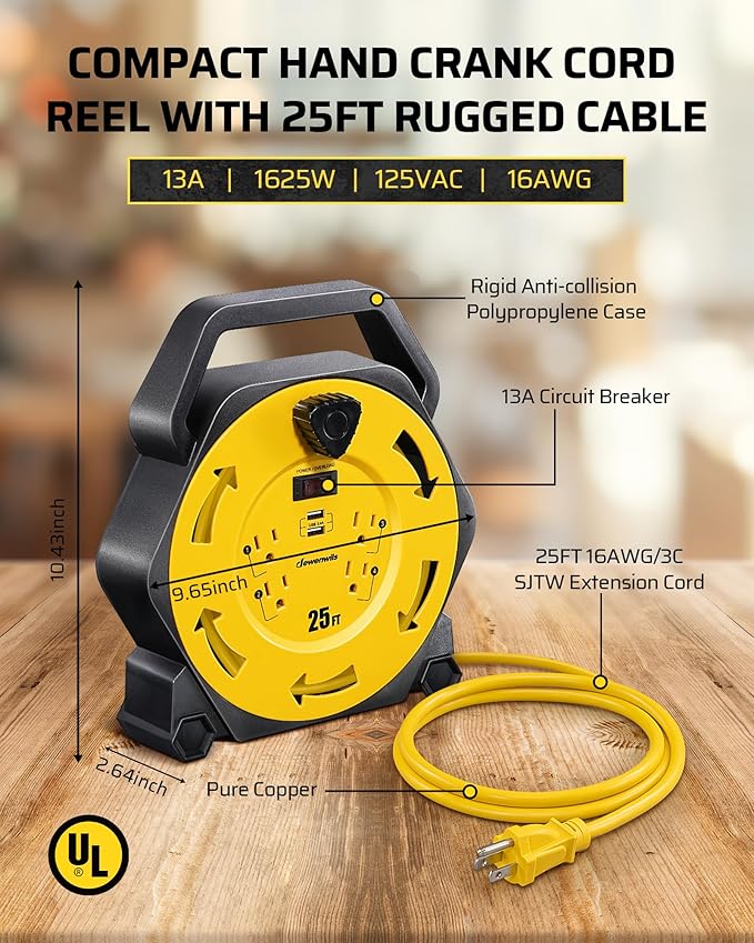 DEWENWILS Cord Reel with 4 Power Outlets, 2-USB Ports(3.4A Fast Charge), 25FT Retractable Extension Cord Reel, Heavy Duty SJTW 16/3 Cable, 13A Circuit Breaker, Hand Wind, UL Listed