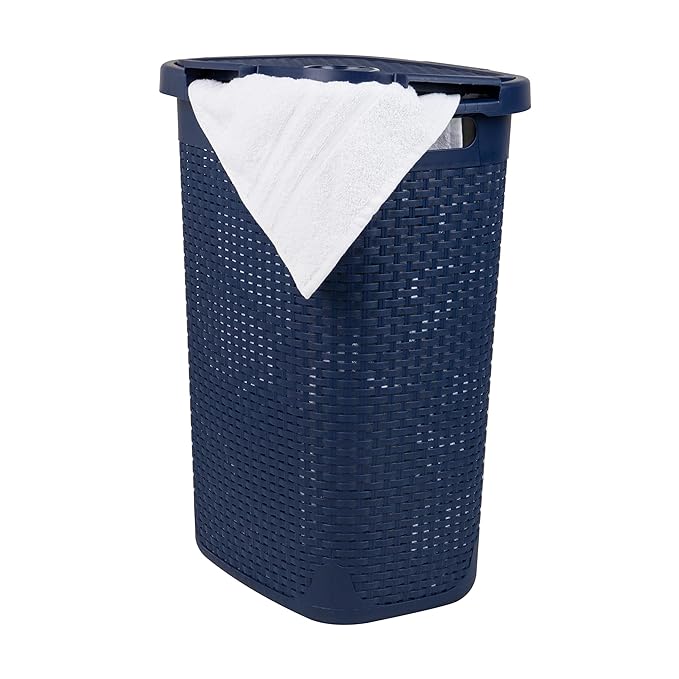 Mind Reader Slim Laundry Hamper with Lid, 60L Clothes Basket, Premium Wicker Design, Plastic, Navy