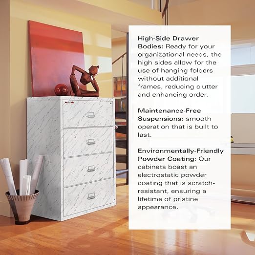FireKing Fireproof Lateral File Cabinet (4 Drawers, Impact Resistant, Water Resistant), 44" W x 22" D, Arctic White, Made in USA