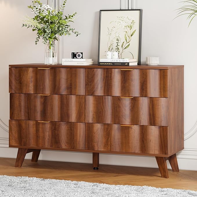 6 Drawer Dresser, Modern Fluted Storage Dresser with Deep Drawers and Metal Handles, Wood Chest of Drawers Storage Organizer for Bedroom, Living Room, Hallway (Walnut)