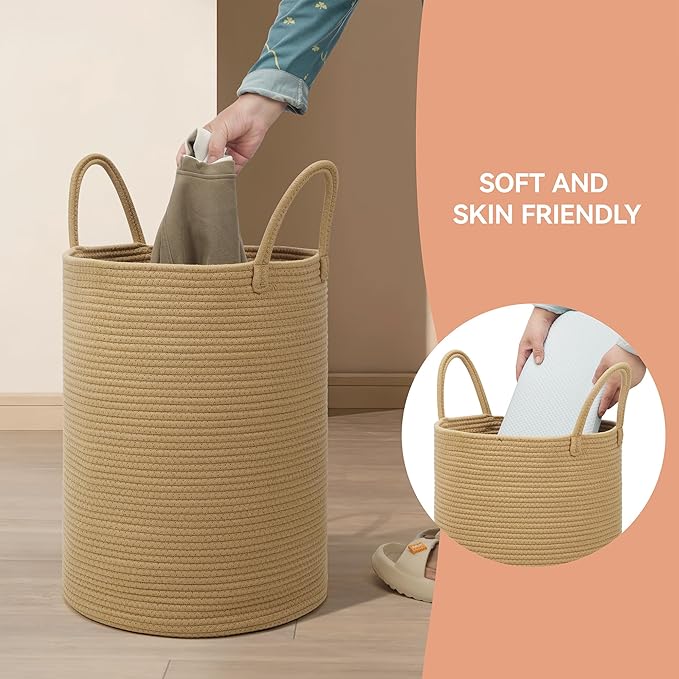 58L Cotton Rope Laundry Basket (20"x15"),Woven Basket for Storage Dirty Clothes Basket for Laundry, Living Room, Nursery, Bedroom Rope Storage Basket for Blankets（Brown）