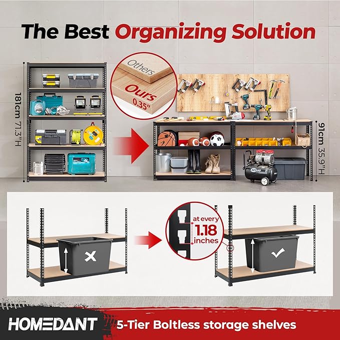 HOMEDANT 5 Tier Storage Shelves Adjustable Laminated Boltless Garage Metal Shelving Unit Heavy Duty Utility Rack Shelf Warehouse Pantry Closet Kitchen (3, (XL Deep) 48.1" W, Black)