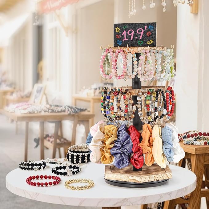 LadyRosian 3-Tier Wooden Rotating Jewelry Display Stand | Bracelet & Keychain Organizer with Advertising Board | 54 Hooks Rustic Holder for Vendor Booth & Stores (3-Tier Round Hexagon)