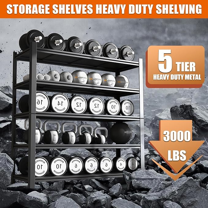 60" W Garage Shelving Heavy Duty Metal Shelving 3000LBS Storage Shelves Adjustable 5 Tier Metal Shelves for Storage Industrial Shelves for Garage, Warehouse, 24.2" D x 60'' W x 72'' H, 3 Pcs