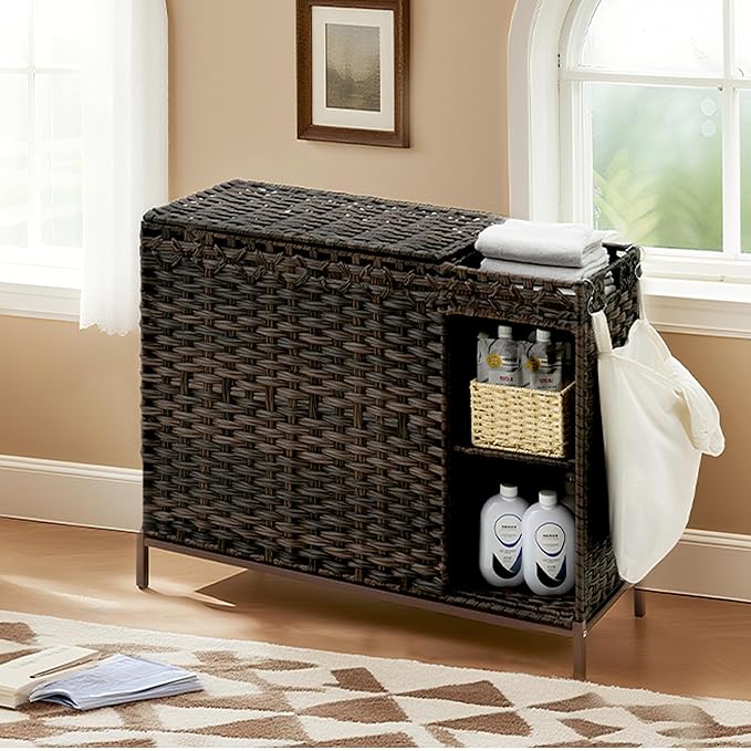 Laundry Hamper with Lid, 130L(34.4 Gal) Rattan Laundry Hamper 3 Section with 50L (13.2 Gal) Storage Shelf, Wicker Woven Laundry Sorter Basket with 4 Liner Bags and Handles, Brown GLH003BR