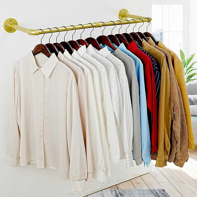 WEBI Industrial Pipe Clothing Rack,32" Wall Mounted Clothes Rack for Hanging Clothes,Heavy Duty Metal Garment Rack Bar Wall Mount Clothing Rod for Closet,Laundry Room,Gold