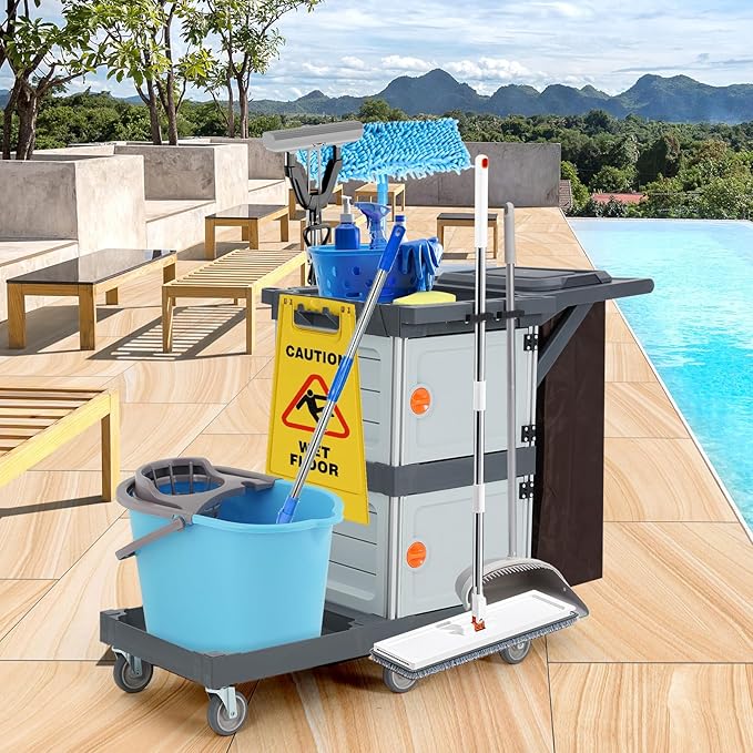 Commercial Janitorial Cart, 3-Shelf Housekeeping Cleaning Cart with 2 Cabinet, Wheels, Cover, Shelves, and Oxford Bag, Traditional Janitorial Cart for School Hotel Apartment