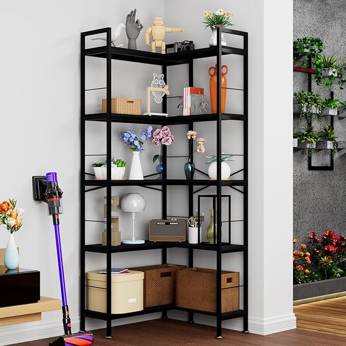 Corner Bookshelf, 69" Tall L-Shaped Bookcase for Home Office, Living Room, Bedroom - Space-Saving Storage Shelf with Metal Frame, Modern Wood & Industrial Design