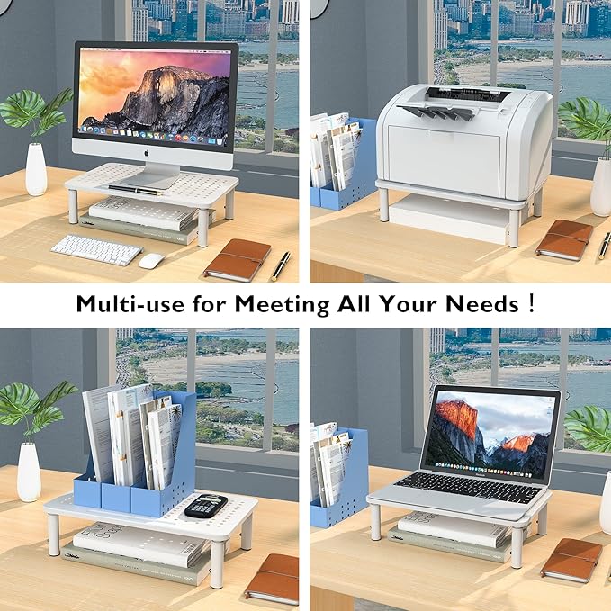 BONTEC 2 Pack 3 Height Adjustable Monitor Stand Riser with Pen Holder, Ergonomic Metal Laptop Stand with Cable Management, Desktop Stand for Computer, Printer, Monitor, Laptop (White, 14.5” x 9.1”)