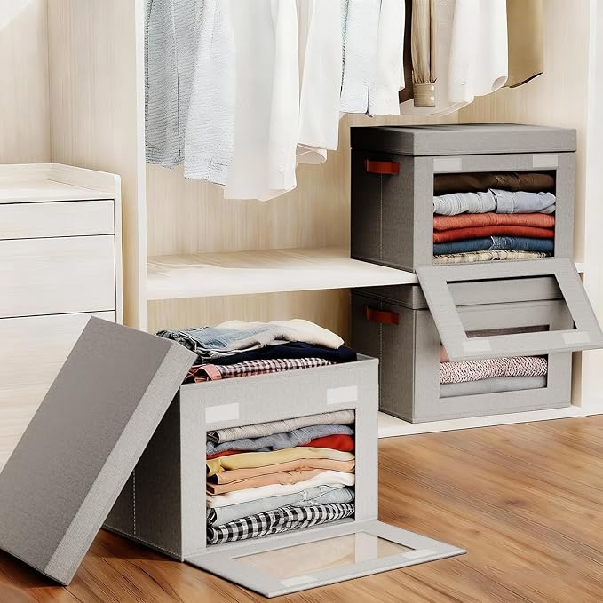 2-Pack Large Storage Bins with Lids,Stackable&Collapsible Closet Storage Bins,Oxford Fabric Organizer Box with Clear Window,Large Decorative Storage Boxes for Closet,Dorm16.5"x11.8"x11"