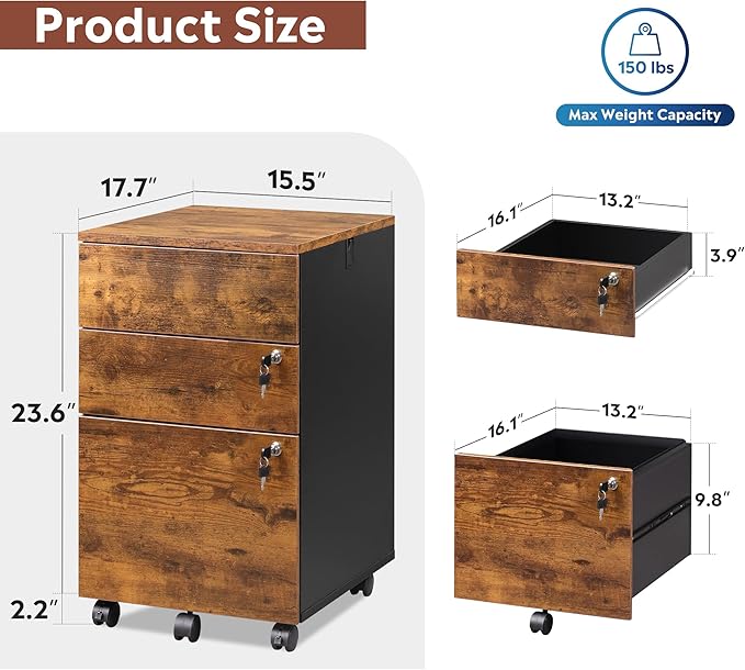 DEVAISE 3 Drawer Rolling File Cabinet with Lock, Wood Under Desk Filing Cabinet fits Letter/Legal/A4 Size for Home Office, Rustic Brown