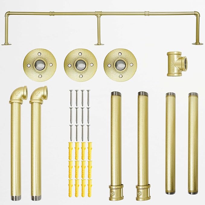 WEBI Industrial Pipe Clothing Rack,65" Wall Mounted Clothes Rack for Hanging Clothes,Heavy Duty Metal Garment Rack Bar Wall Mount Clothing Rod for Closet,Laundry Room,Gold