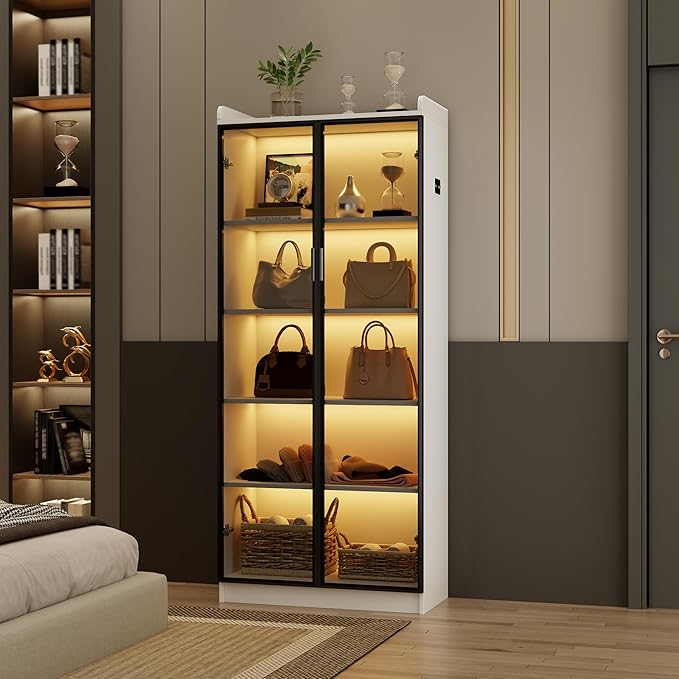 Display Cabinet with Doors and Adjustable Shelves, 65" Tall Bookcase with LED Lights/Human Sensor, 5 Tier Display Case for Collectibles Bedroom Living Room Office, White