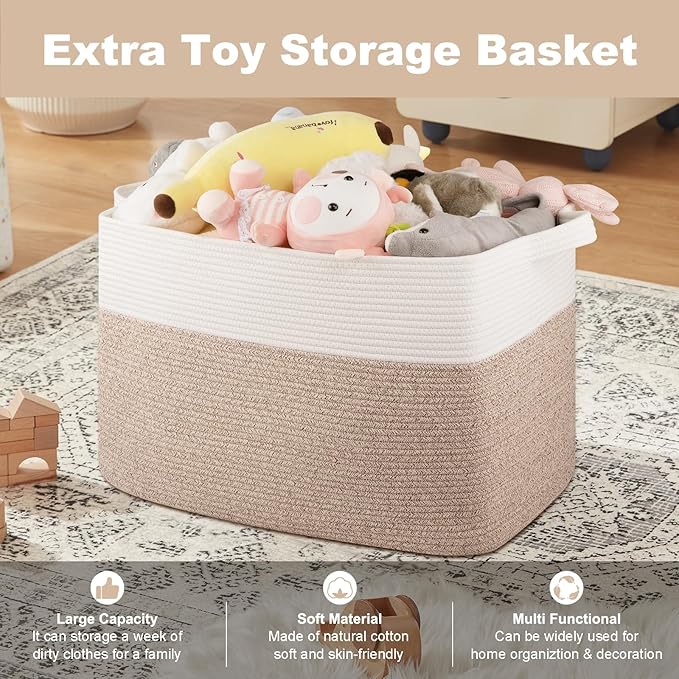 XXXL Supre Large Blanket Basket for Clothes, Towels, Pillows, 108L Cotton Rope Storage Basket for Living Room, Woven Toy Storage for Kids, 25" x 16" x 16", Brown and White