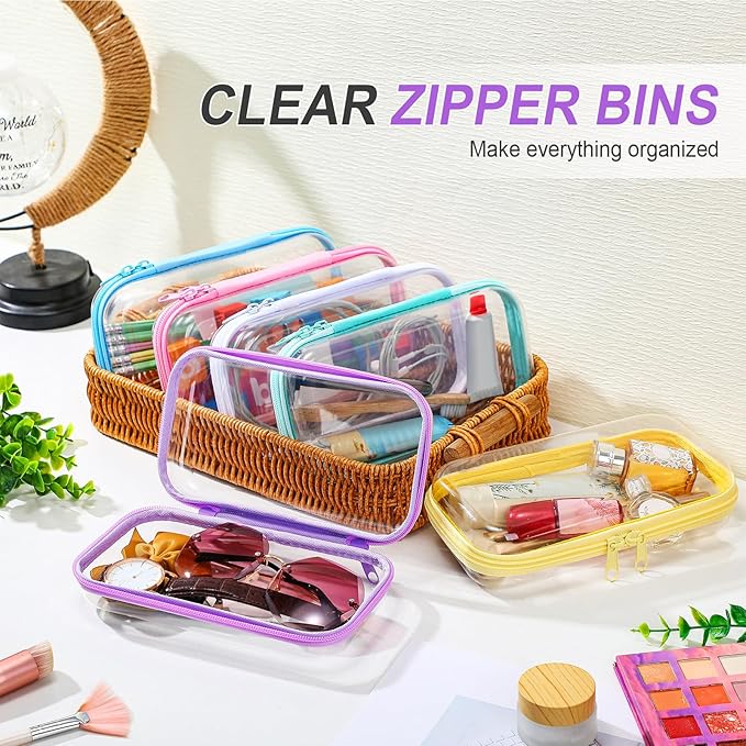 Sanwuta 6 Pcs Clear Hard Zipper Case Hard Plastic Zipper Pouches Transparent Makeup Bag Pencil Pouches for Travel Snacks Christmas Trinket Storage Organizer Box(Colorful,7.48 x 3.94 x 2 Inch)