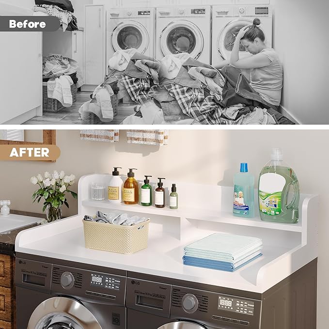 2-Tier Washer Dryer Countertop with 2.75"H Edge Rails, 54" W x 27.55" D Laundry Countertop for Folding Clothes, Washer and Dryer Topper with Non-Slip Pad (White)