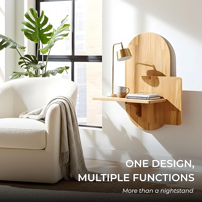 Behomes Claudia Solid Wood Floating Nightstand, Boho Wall Mounted Bedside Table with Storage, Mid Century Modern Floating Shelf, Side End Table for Bedroom and Living Room, Space Saving, Natural